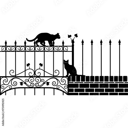 Two black cat silhouettes on an ornate wrought iron fence.