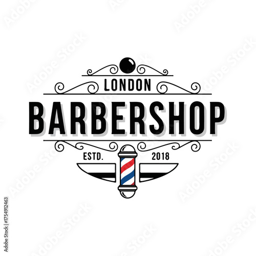 Vintage London Barbershop Logo with Pole and Ornate Design Elements.