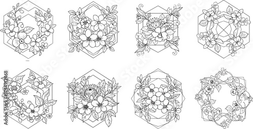 Floral vector design, geometric flower art, decorative botanical elements, symmetrical illustration, vintage floral pattern, elegant ornament, coloring book style, nature motif