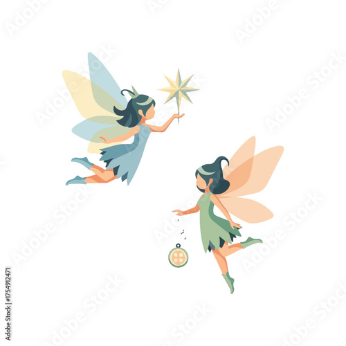 Two whimsical fairies gracefully soaring with magic wand and lantern.