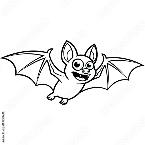 Cute cartoon bat with big eyes and wide smile flying.