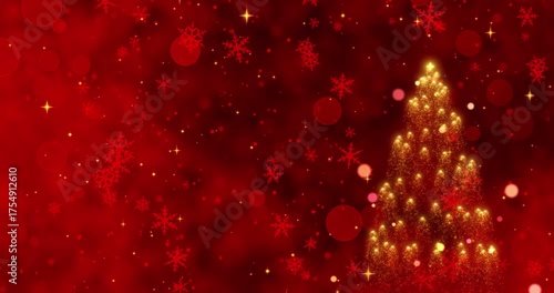 A Shimmering Golden Christmas Tree Surrounded by Festive Red Snowflakes Against a Vibrant Background Perfect for Holiday Celebrations