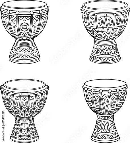 Outlined illustrations of decorative djembe drums in various intricate african designs