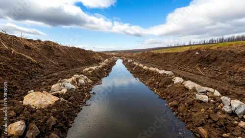 Tranquil Water Channel Between Earthy Banks Under Clear Blue Sky in Wide Landscape Setting