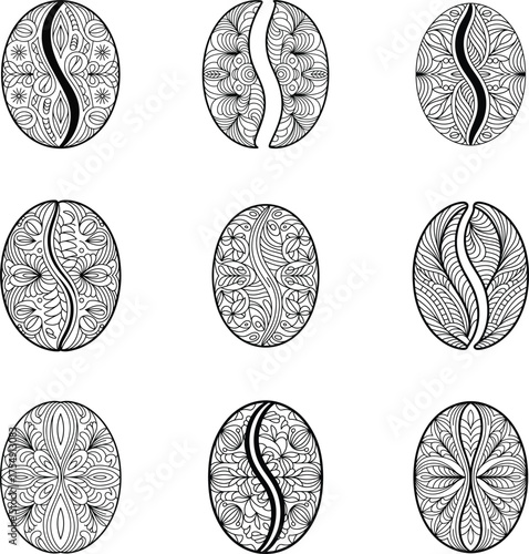 Intricate hand drawn coffee bean designs with floral and geometric pattern elements