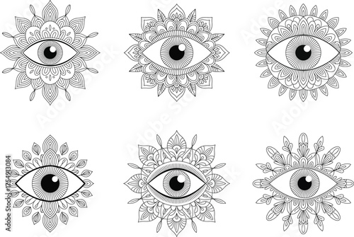 Detailed black and white eye mandala designs in vector graphics for various creative projects