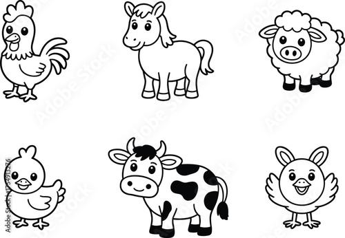 Adorable hand drawn outlined farm animals including cow chicken horse sheep and bird