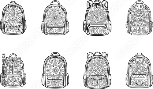 Vector illustration of intricately patterned backpacks designed for coloring and creative design projects.