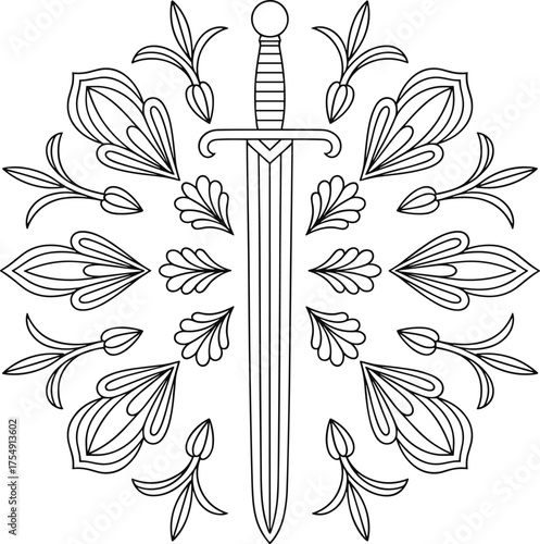 Elegant sword with ornate floral elements in a symmetric black and white design