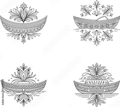Intricate black and white boat vector illustrations with floral ornament decorations