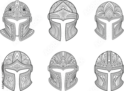 Collection of detailed and intricate black and white warrior helmets on white background