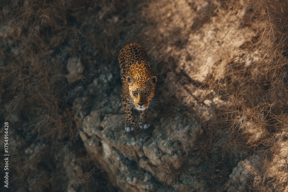 Fototapeta premium Cinematic aerial view of a wild leopard on rocky terrain in golden light