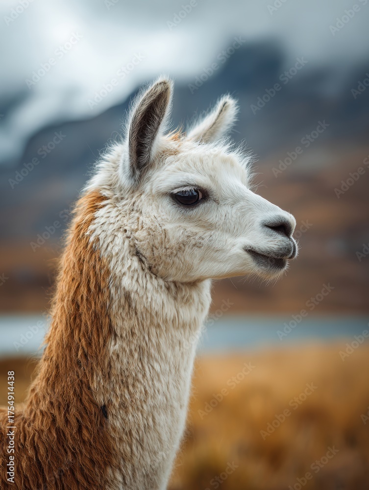 Fototapeta premium Close-Up Portrait of a Llama with Fluffy Fur and Serene Expression in a Natural Landscape