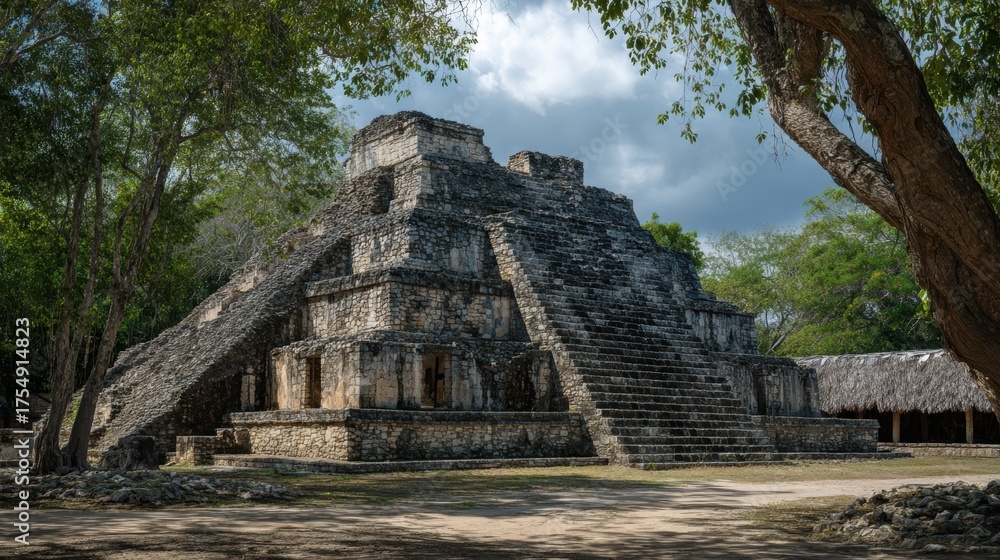 Naklejka premium Ancient Mayan Pyramid Surrounded by Lush Greenery Under a Cloudy Sky