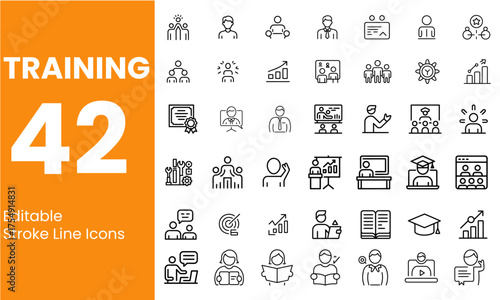 Training icon set. education, seminar, advise, support, learning, webinar, skills, business and more. Editable line icons. Vector illustration.