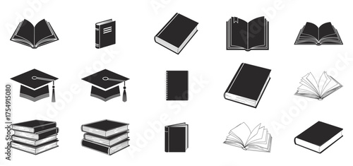 An assortment of monochrome book icons and academic achievement symbols