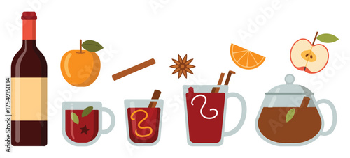 Mulled wine ingredients vector illustration including red wine, citrus, spices, punch in glass, mug, and pot, perfect for Christmas drinks, holiday recipes, festive illustration, and beverage design p