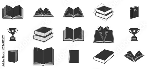 Collection of academic icons books graduation caps and learning materials