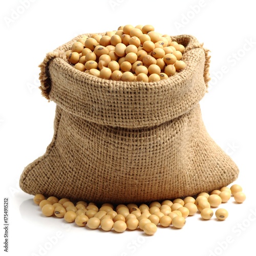 A rustic jute sack overflowing with soybeans, showcasing their natural color and texture on a white surface