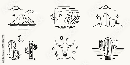 Collection of minimalist desert landscape line art icons featuring cacti mountains moon and bull skull
