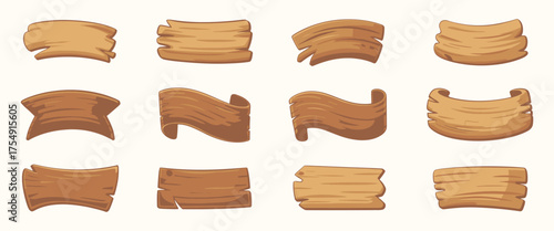 Cartoon wooden banners with blank hardwood signboard frames, retro game sign assets, rustic wood placards for advertising, isolated vector set of blank wood plank illustrations.