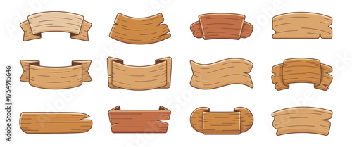 Cartoon wooden banners with blank hardwood signboard frames, retro game sign assets, rustic wood placards for advertising, isolated vector set of blank wood plank illustrations.