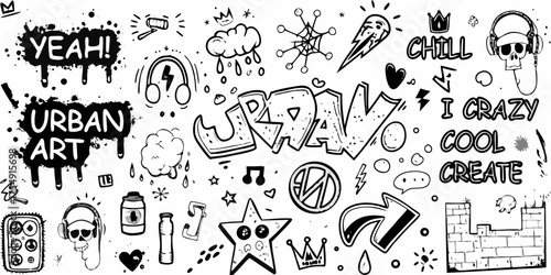 Dynamic urban art doodle collection with graffiti elements and iconic symbols