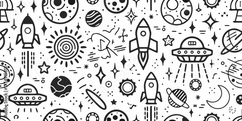 Whimsical black and white doodle pattern featuring rockets planets stars and ufos in outer space