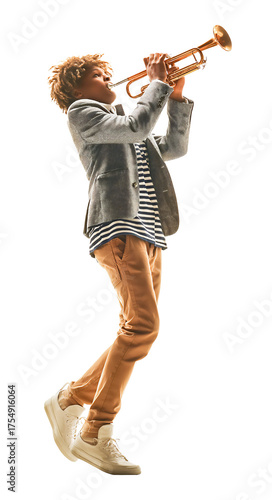 African american boy playing trumpet performing jazz music