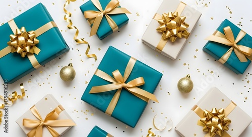 Overhead shot of elegantly wrapped gifts in teal and white with gold ribbons and confetti, isolated on white background, perfect for festive celebrations and holidays