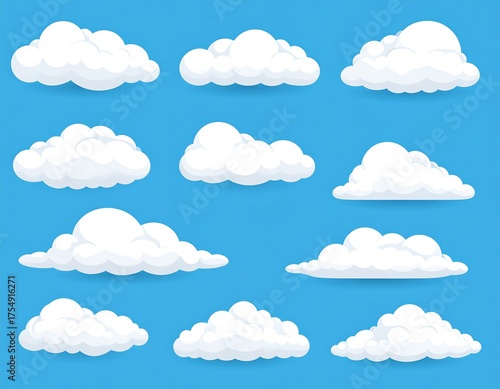 A collection of fluffy white clouds floating against a bright blue sky, showcasing various cloud shapes and sizes in a whimsical illustration style