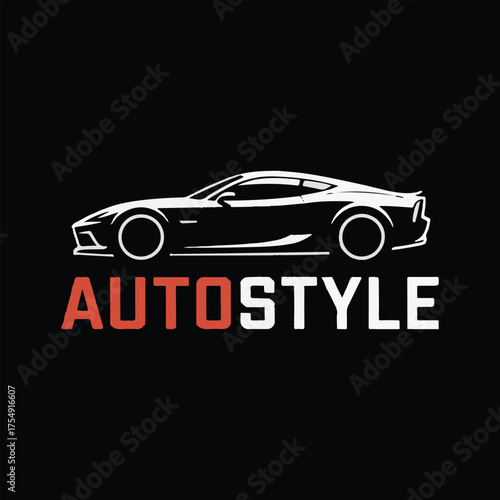 Modern Sports Car Logo with AUTOSTYLE Text on Black Background,Clean Vector Auto Style Logo for Automotive Services and Branding,Minimalist Car Silhouette Logo Design - AUTOSTYLE in Red and Grey.
