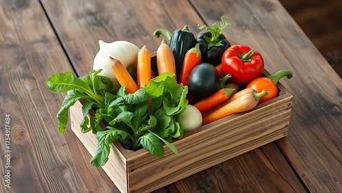 Rustic wooden box overflowing with fresh vegetables on a textured table in earthy tones.