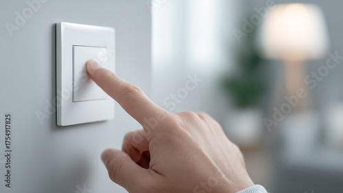 Hand pressing a wall switch to control light and energy use, symbolizing efficiency, safety, and mindful power management in everyday life.
