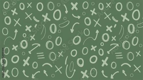 Hand Drawn Tic Tac Toe Game Elements Pattern on Green Background vector illustration