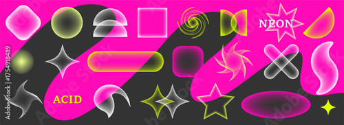 A set of neon semi transparent geometric vector shapes. Simple elements, forms. Retro design, trendy contemporary minimalist style, y2k. Vector illustration. Modern aesthetic vector elements for backg