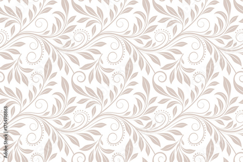 Elegant seamless floral pattern with delicate leaves and swirls on white background, soft beige botanical design for wallpaper, fabric, wrapping paper, and decorative backgrounds.