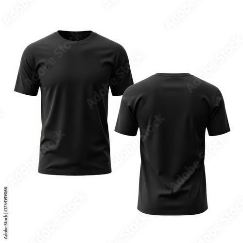 Two black t-shirts viewed from front and back on isolated on white background