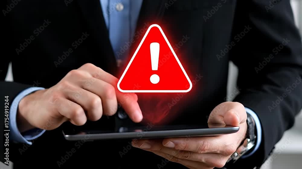 Triángulo rojo con un signo de exclamación sobre una tableta en manos de un empresario, concepto de seguridad en línea y violación de datos.

