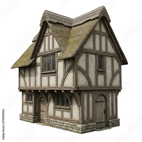 Medieval Timber Framed House with Thatched Roof isolated on a transparent background