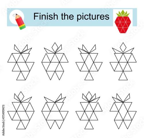 Activity for kids. Finish the pictures so that they all look the same. Red strawberry.