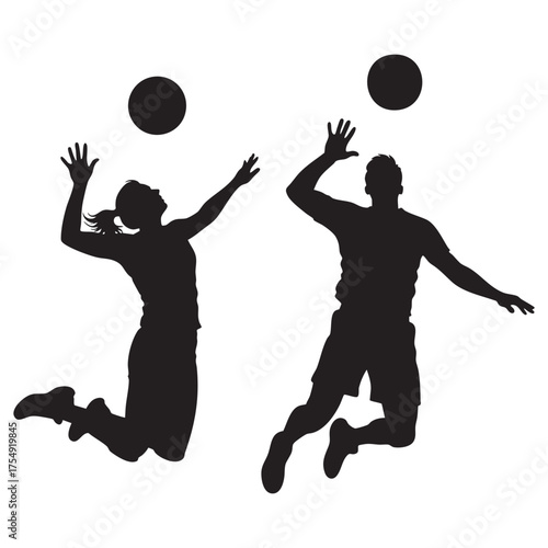 Volleyball Players Silhouettes - Man and Woman Jumping to Spike Ball