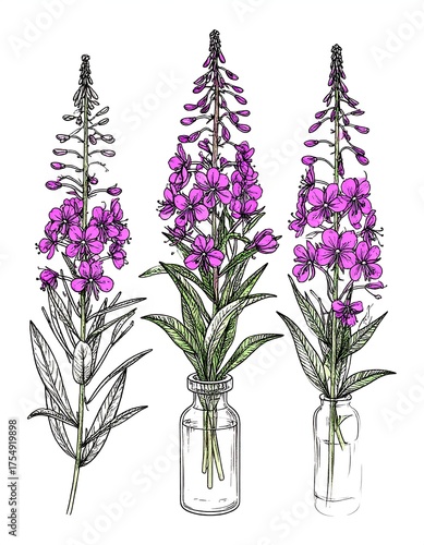 Elegant Fireweed Flowers in Glass Bottles Illustration