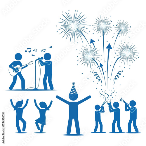 Stick figures celebrating with music, fireworks, and dancing isolated on white background
