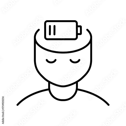 Head with low battery line icon. Tired man. Exhausted, empty, fatigue, depression concept. Burnout idea. Low energy mind. Need for rest and recovery. Weary drained man face. Vector illustration.  