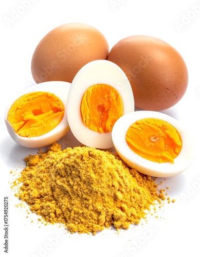 Fresh brown hard-boiled eggs cut in half showing the bright yellow yolk, alongside whole eggs and a pile of nutritious egg powder on a white background