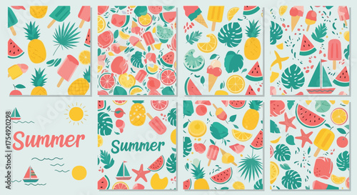 Vector illustration of a collection of summerthemed patterns featuring fruits, ice cream, palm leaves, and sailboats on a light blue background, perfect for design
