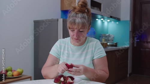 Woman peels and eats rambutan, sits at home