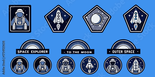 Collection of stylized space exploration badges featuring astronauts rockets moon and text labels