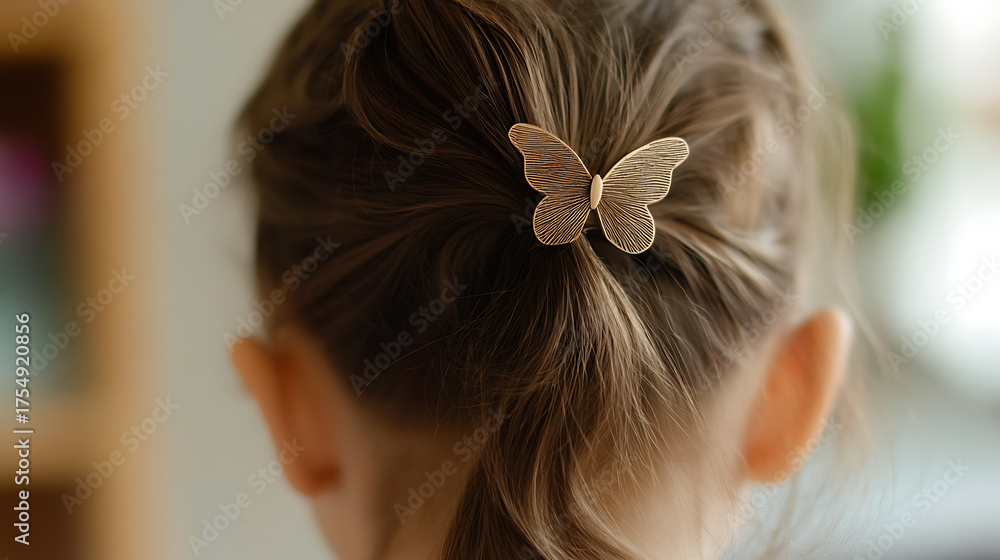 Naklejka premium Back of child's head with brown hair styled in a ponytail. A butterfly-shaped hairpin adds a touch of whimsy to the overall look.